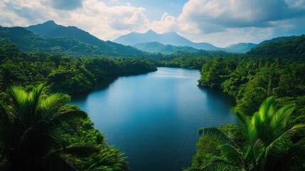 Fototapeta premium Serene tropical landscape showcasing a tranquil lake bordered by lush, vibrant jungle foliage and distant mountains under a partly cloudy sky