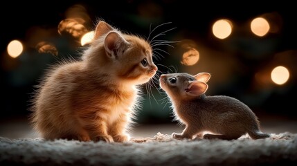 Heartwarming Christmas Scene Kitten and Mouse Friends in a Cozy Indoor Setting Playful Bokeh Lighting Whimsical Friendship Concept