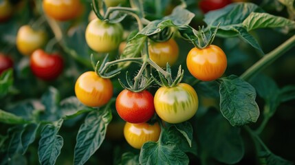 Colorful assortment of ripe red, yellow, and green tomatoes hanging on lush green vines, perfect for culinary dishes and healthy eating inspirations