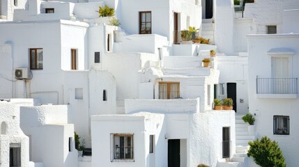 Picturesque white-washed buildings with simple, geometric designs nestled in a tranquil landscape, showcasing a serene and charming architectural style.