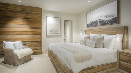 Scandinavian bohemian bedroom with natural wood furniture, cozy textures, and serene artwork, creating a calming and stylish ambiance.