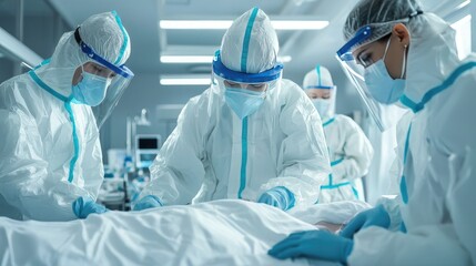 Hospital staff wearing full PPE while handling COVID-19 patients in a controlled medical environment. 