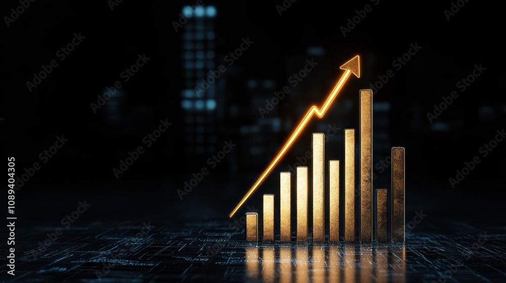 Poster a golden bar graph with an upward arrow symbolizes growth and success in a dark, modern environment.