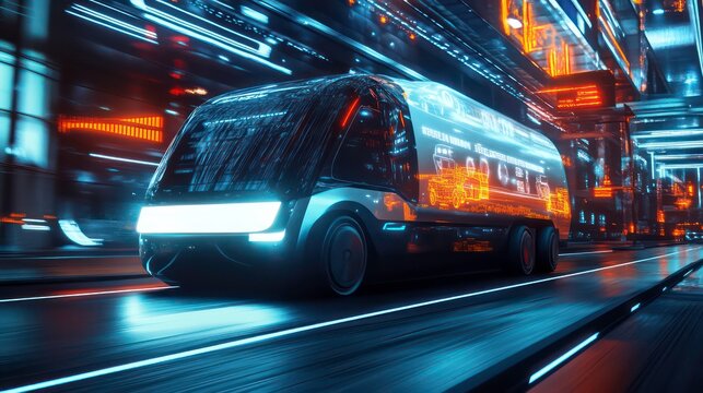A dynamic and dramatic composition featuring a futuristic concept of a self-driving delivery truck seamlessly navigating a highway logistics network, leaving ample copy space for impactful messaging.