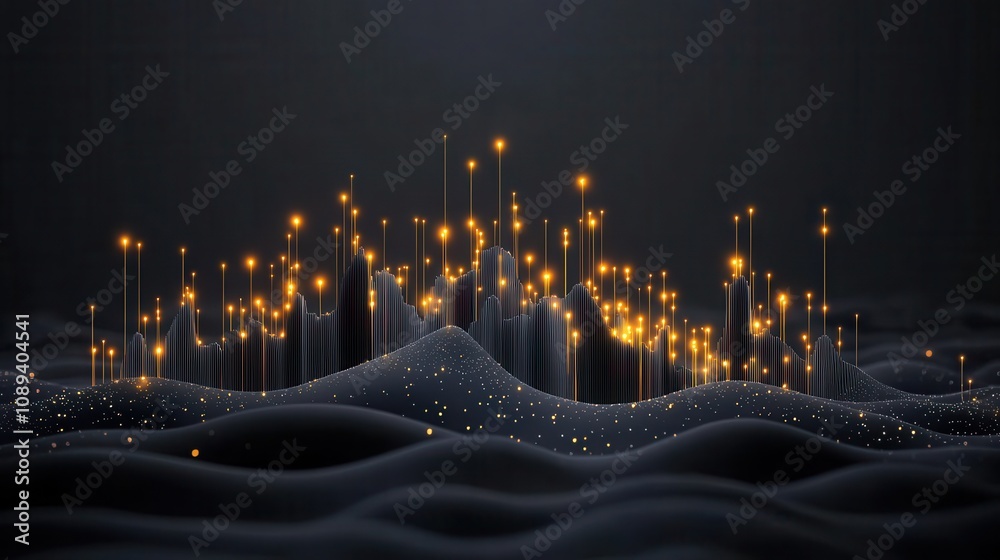 Poster a dark, abstract landscape featuring glowing points rising above waves, creating a mystical and sere