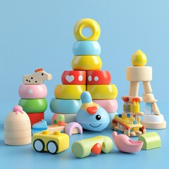 Obraz premium Assortment of Colorful Wooden Toys on a Minimalist Blue Background