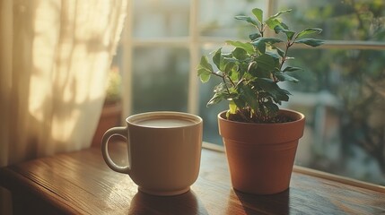 Fototapeta premium Serene Morning Scene with a Warm Coffee Cup and a Lush Potted Plant on a Sunlit Wooden Table by the Window