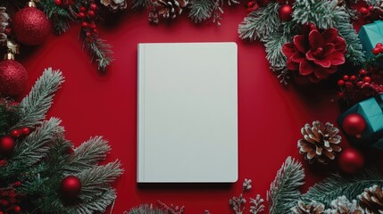 Obraz premium Blank notebook framed by holiday decorations including pine branches, ornaments, and flowers on a vibrant red background, ideal for text or designs.
