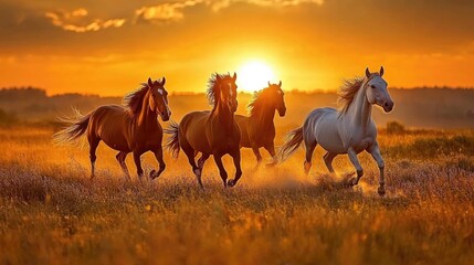 Fototapeta premium Majestic Wild Horses Galloping Through a Golden Meadow at Sunrise with Vibrant Skies and Soft Illumination Enhancing Their Graceful Movement