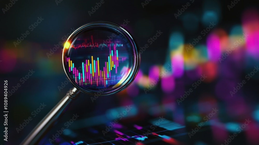 Poster a magnifying glass focuses on colorful financial data, highlighting trends and insights in a digital
