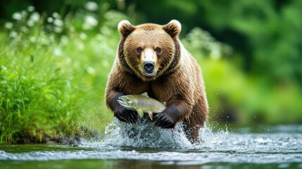 Obraz premium Brown bear catching salmon in a river, surrounded by vibrant greenery, showcasing the essence of wildlife fishing and natural habitats.