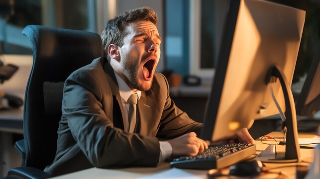 Tired businessman yawning at computer during late night work in office environment.