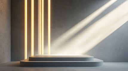 Obraz premium Modern grey podium illuminated by soft backlighting, featuring sleek design elements against a minimalist blank wall, ideal for product display mockups.