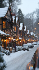 Fototapeta premium charming street scene with rows of quaint houses adorned with colorful Christmas decorations, twinkling lights, and warm windows, ideal for a cheerful smartphone wallpaper