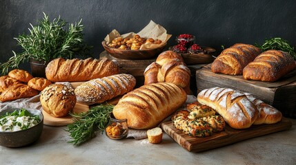 A variety of freshly baked breads arranged artistically on a rustic table, featuring loaves, rolls, and pastry delights alongside herbs and garnishes.