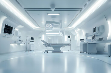 Sterile, futuristic operating room with modern medical equipment and bright lighting.