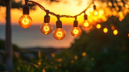 Sunset backdrop featuring blurred bokeh lights complemented by decorative glowing yellow string lights, creating a warm and inviting atmosphere.