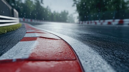 Warning brake zone marked on a wet asphalt racing circuit approaching a sharp turn, with rain-soaked track and blurred trees in the background.
