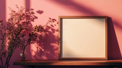 Wooden picture frame mockup against a rose wall with soft shadows, featuring a blank customizable space and neutral still life decor setting.