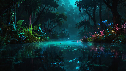 Obraz premium A surreal bioluminescent jungle at night