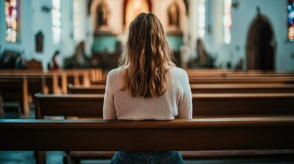 Woman sitting alone in a tranquil church, deep in contemplation and prayer, surrounded by wooden pews and colorful stained glass windows.