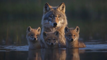Obraz premium Wolves in Shallow Water with Three Pups at Dusk Capturing Family Bonds in Their Natural Habitat