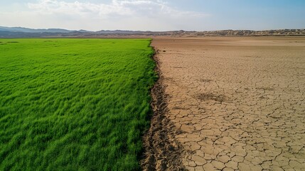 Bright green meadow transitioning into cracked desert, illustrating climate change's effect on land.