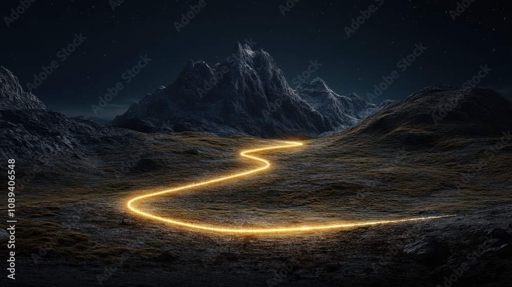 Poster A winding, illuminated path traverses a dark, mountainous landscape under a starry night sky, creating a mystical and serene atmosphere.