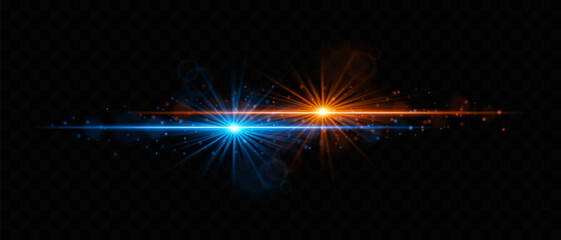 Vibrant orange and blue dual light starburst with particles on a dark background, perfect for futuristic visuals