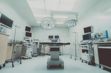 Sterile operating room with medical equipment, surgical table, monitors, and lighting.
