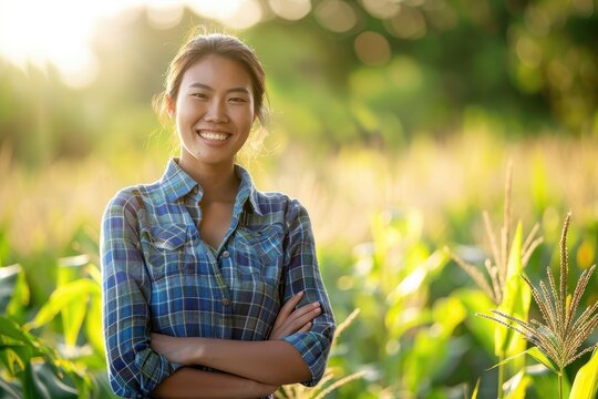 Smiling young female farmer in cornfield at golden hour - Powered by Adobe