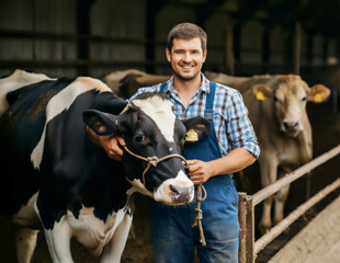 Happy man, portrait and farmer with cow for milk, fresh produce or calcium in natural growth, agriculture or sustainability