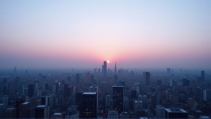 Fototapeta premium Sunset over a city skyline with haze, highlighting the silhouettes of buildings against a colorful sky. Generative, AI,