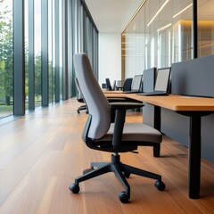 modern office interior with large windows and ergonomic furniture