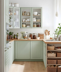 A light green and white kitchen with an open corner cabinet, a coffee station in the center of it, shelves on one side filled with food items, wooden floors, cabinets with glass doors above. 3D render