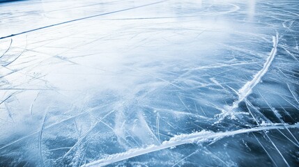 Close-up of ice with hockey rink markings, showing the fresh and untouched surface of an empty arena.