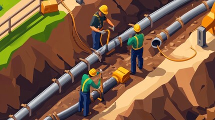 Workers installing pipes in a trench for infrastructure development.