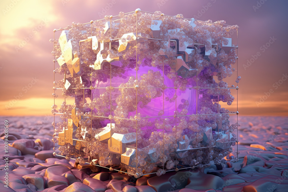 Poster Ethereal geometric sculpture with a cube shape. Shiny crystal cube structure with vibrant colors in vaporwave and y2k style.