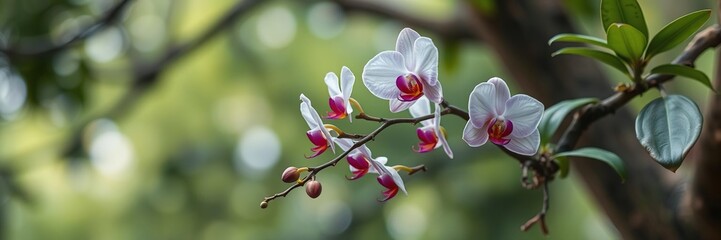 Fototapeta premium orchid plant growing wild on tree branch, outdoor, foliage