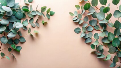 A minimalist composition of eucalyptus leaves arranged symmetrically on a blush pink background, creating a frame for text or a design element.