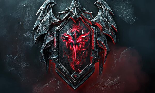Glowing Red Creature Emblem on Dark Stone Shield with Wings