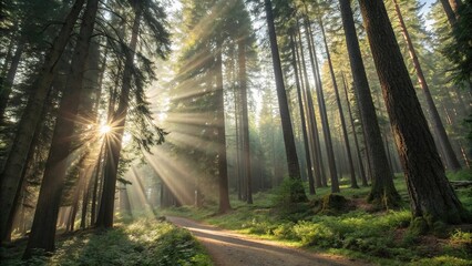 Obraz premium Panorama with sun rays through forest trees, wooden landscape, trees, serene scene