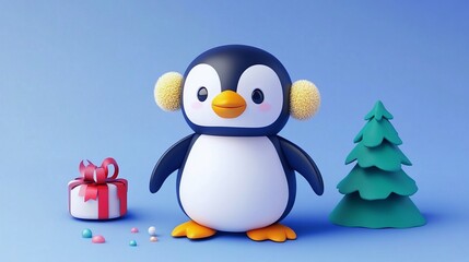Fototapeta premium Cute Plush Toy Penguin with Earmuffs and Gift on Simple Background