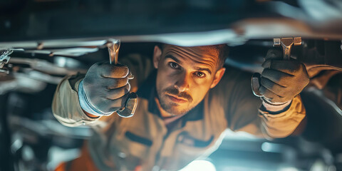 Latino mechanic under car, wearing gloves and using a wrench