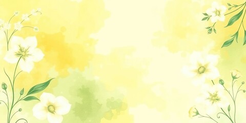 Pastel yellow and green watercolor background with delicate floral patterns, illustration, gentle, foliage