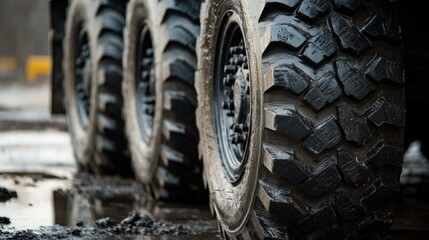 Close-up of the heavy-duty treads on trailer wheels, emphasizing the traction and robustness of the tires.