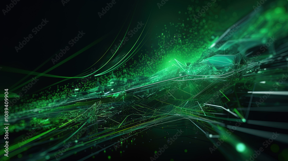 Poster abstract light streaks in a dynamic digital space with glowing green elements