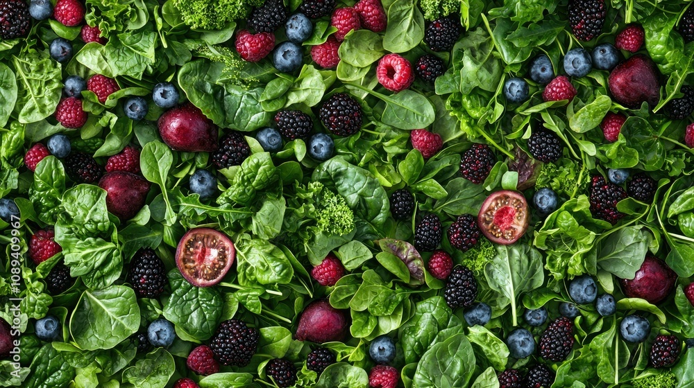Poster a repeating pattern of nutritious foods such as leafy greens, berries, and grains, creating a vibran
