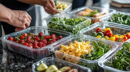 Obraz premium Coworkers sharing a healthy lunch at work, with fresh fruits, salads, and lean meats.