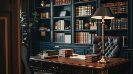 Classic Luxury Study Room with Desk and Leather-Bound Books